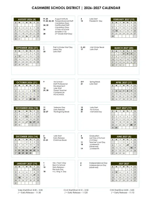 Cashmere School District 2026–2027 Academic Calendar
