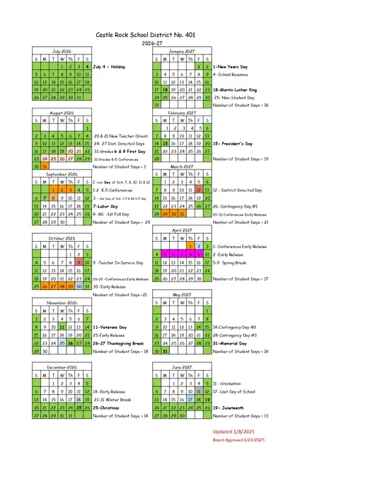 Castle Rock School District No. 401 2026–2027 Academic Calendar