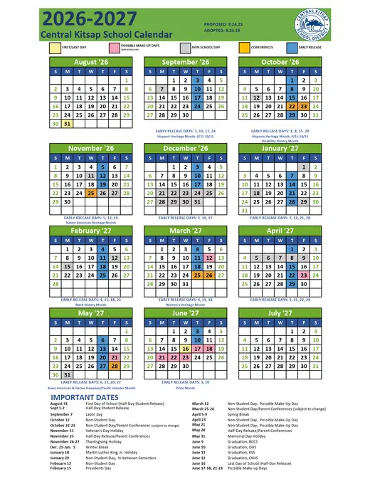 Central Kitsap School District 2026–2027 Academic Calendar Page 1