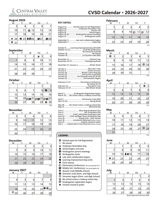 Central Valley School District 2026–2027 Academic Calendar