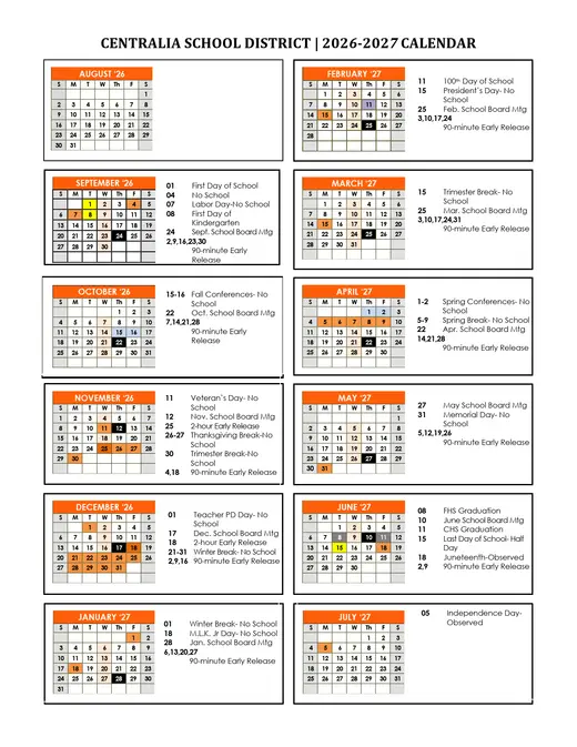 Centralia School District 2026–2027 Academic Calendar Page 1