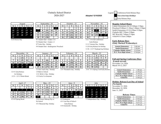 Chehalis School District 2026–2027 Academic Calendar