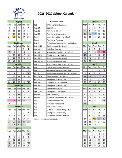 Cheney Public Schools 2026–2027 Academic Calendar