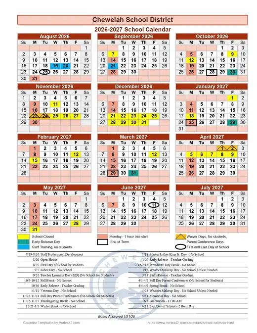 Chewelah School District 2026–2027 Academic Calendar