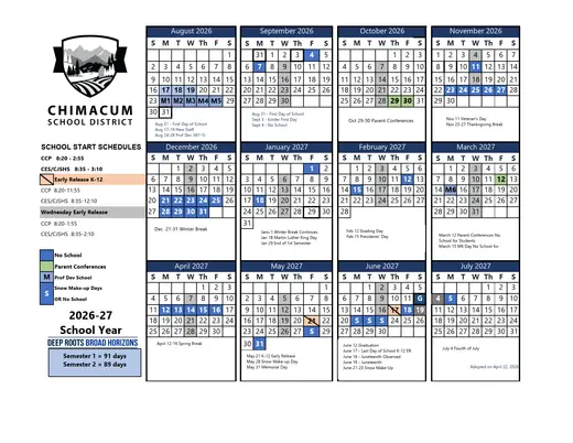 Chimacum School District 2026–2027 Academic Calendar Page 1