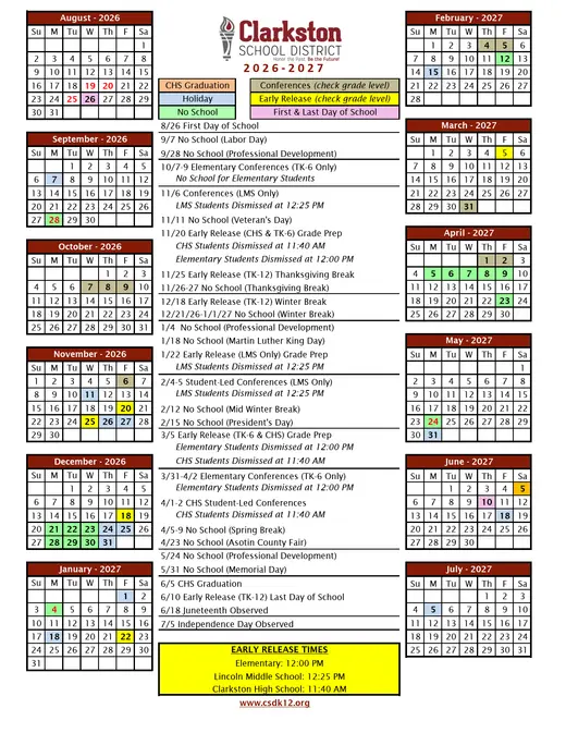 Clarkston School District 2026–2027 Academic Calendar Page 1