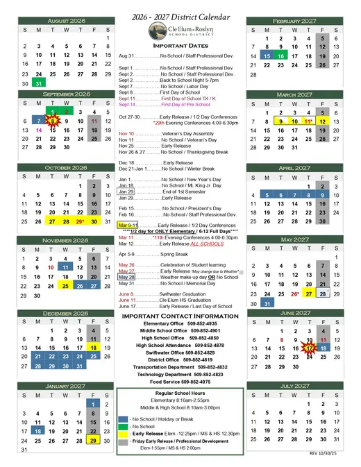 Cle Elum-Roslyn School District 2026–2027 Academic Calendar