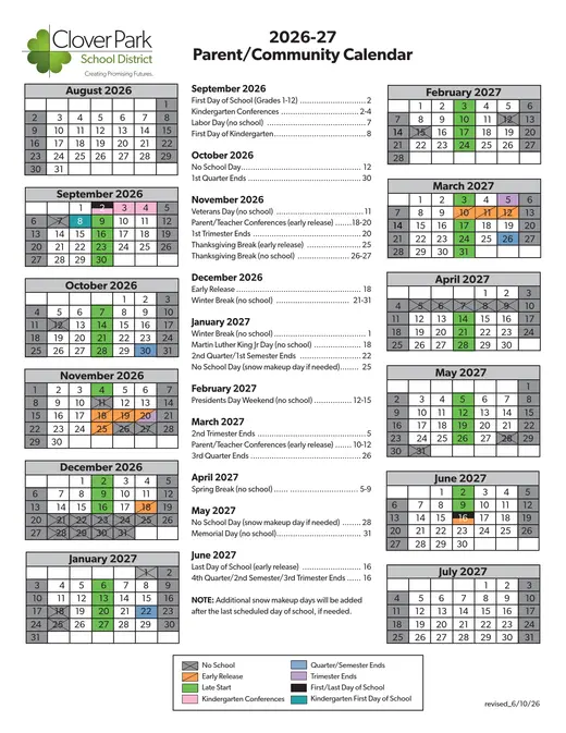 Clover Park School District 2026–2027 Academic Calendar Page 1