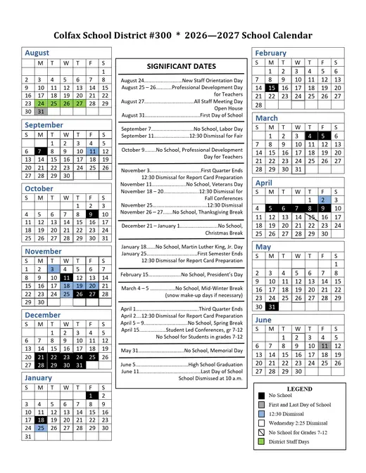 Colfax School District #300 2026–2027 Academic Calendar Page 1