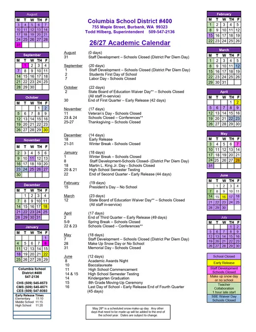 Columbia School District #400 2026–2027 Academic Calendar Page 1