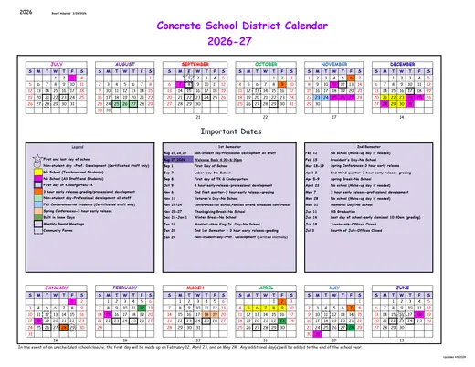 Concrete School District 2026–2027 Academic Calendar