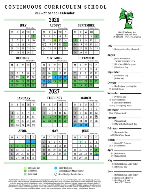 Continuous Curriculum School 2026–2027 Academic Calendar