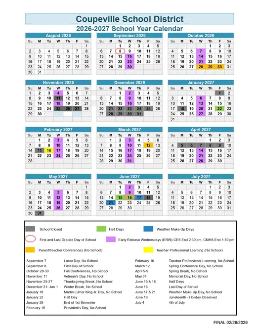 Coupeville School District 2026–2027 Academic Calendar