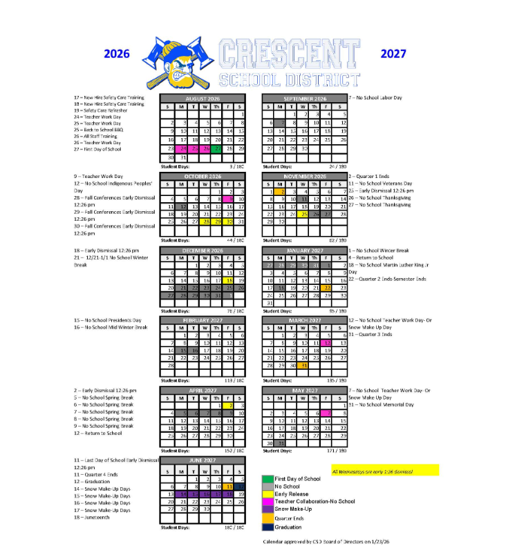 Crescent School District 2026–2027 Academic Calendar Page 2
