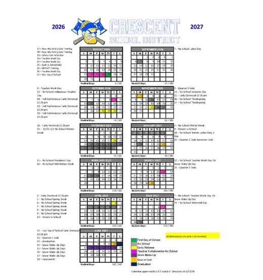 Crescent School District 2026–2027 Academic Calendar Page 1
