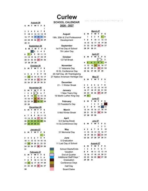 Curlew School District 50 2026–2027 Academic Calendar Page 1