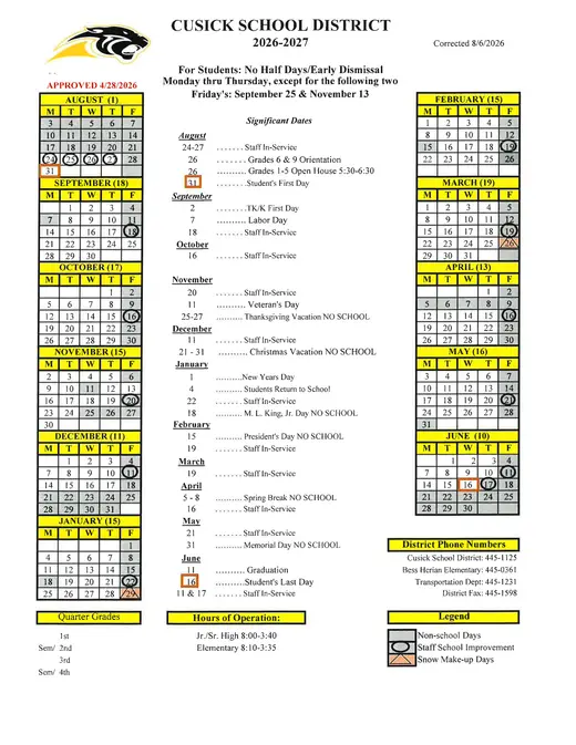 Cusick School District 2026–2027 Academic Calendar Page 1