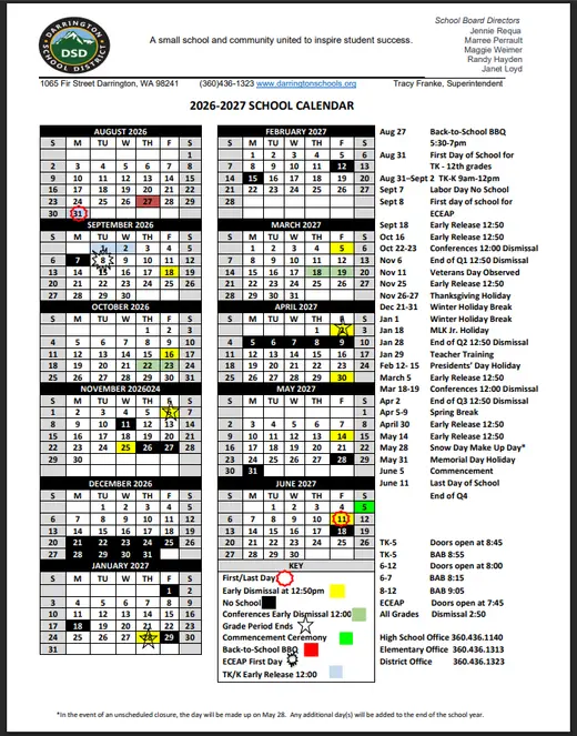 Darrington School District 2026–2027 Academic Calendar Page 1