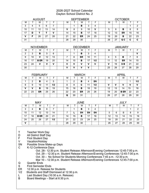 Dayton School District No. 2 2026–2027 Academic Calendar