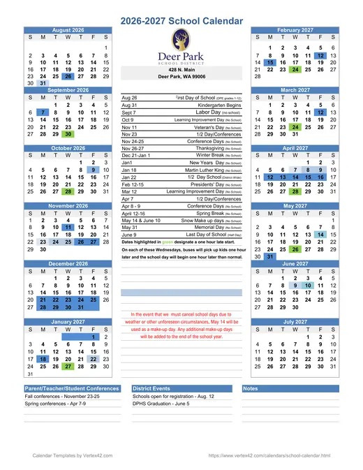 Deer Park School District 2026–2027 Academic Calendar