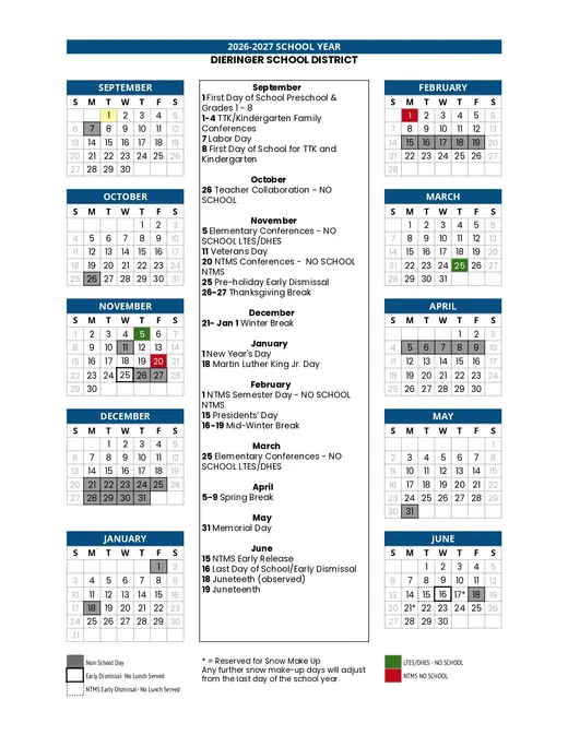 Dieringer School District 2026–2027 Academic Calendar