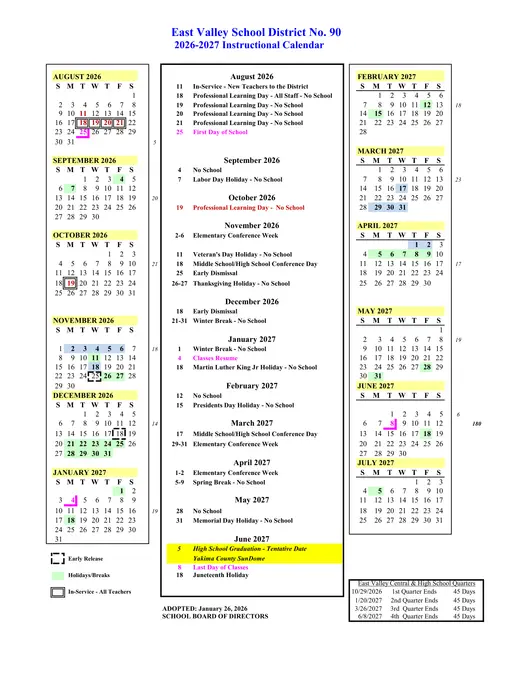 East Valley School District No. 90 2026–2027 Academic Calendar