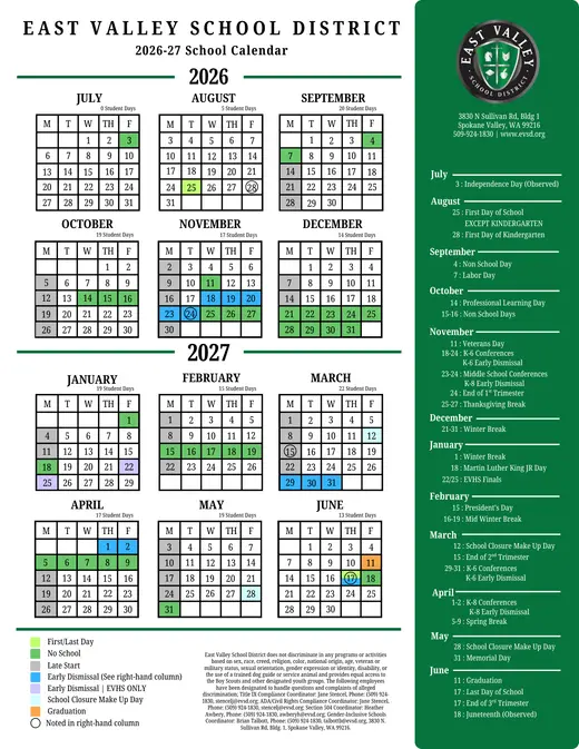 East Valley School District 2026–2027 Academic Calendar