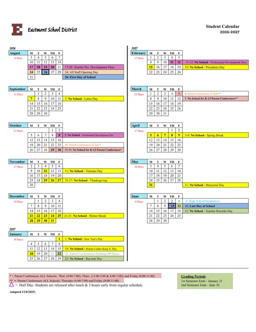 Eastmont School District 2026–2027 Academic Calendar