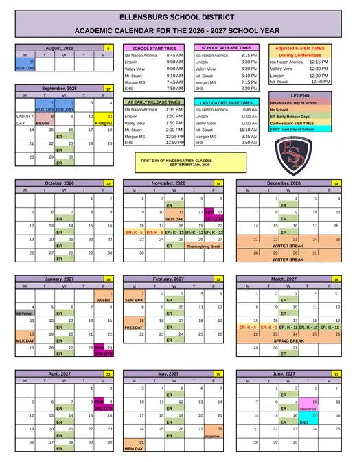 Ellensburg School District 2026–2027 Academic Calendar