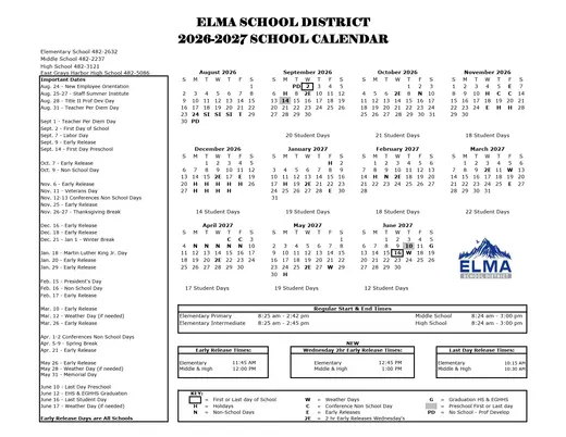 Elma School District 2026–2027 Academic Calendar Page 1