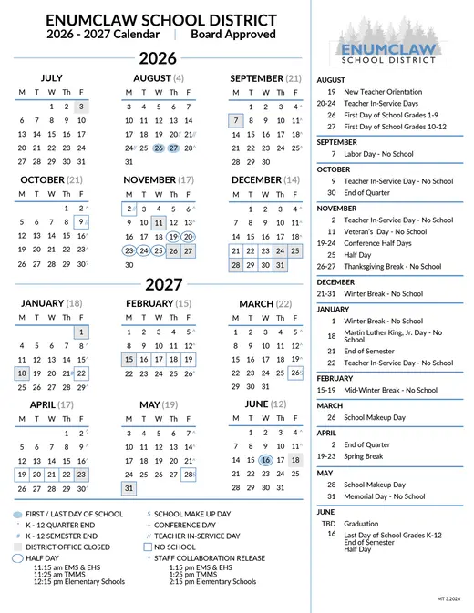 Enumclaw School District 2026–2027 Academic Calendar