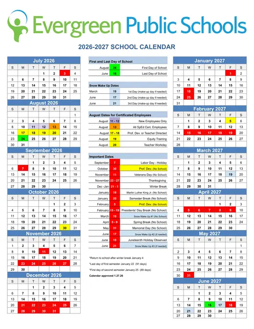 Evergreen Public Schools 2026–2027 Academic Calendar