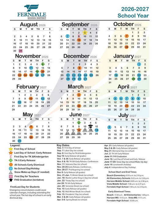 Ferndale School District 2026–2027 Academic Calendar