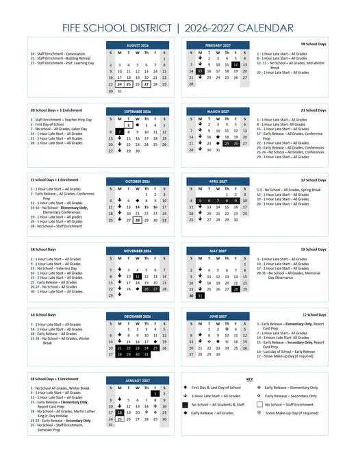 Fife School District 2026–2027 Academic Calendar Page 1