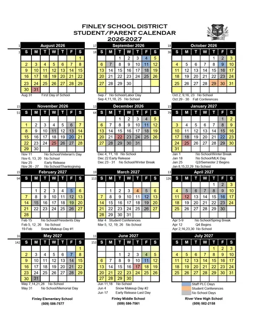 Finley School District 2026–2027 Academic Calendar Page 1
