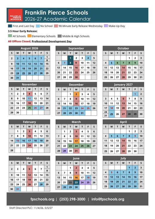 Franklin Pierce Schools 2026–2027 Academic Calendar Page 1