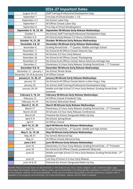 Franklin Pierce Schools 2026–2027 Academic Calendar Page 2
