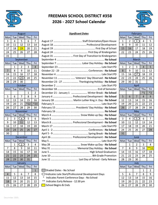 Freeman School District #358 2026–2027 Academic Calendar