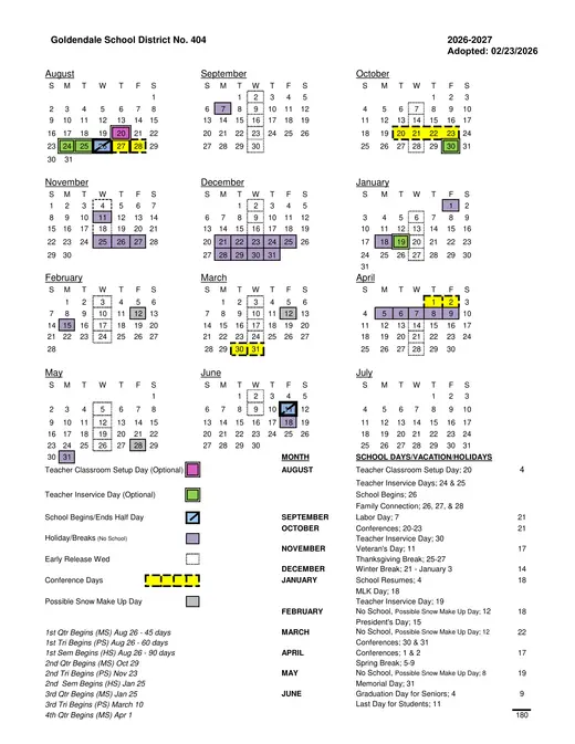 Goldendale School District No. 404 2026–2027 Academic Calendar