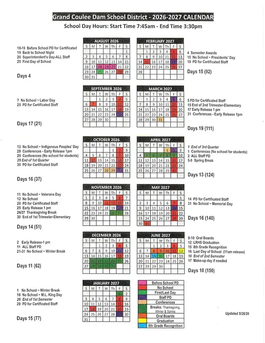 Grand Coulee Dam School District 2026–2027 Academic Calendar Page 1
