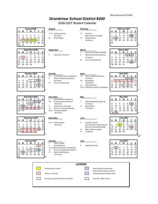 Grandview School District #200 2026–2027 Academic Calendar