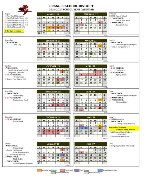 Granger School District 2026–2027 Academic Calendar Page 2