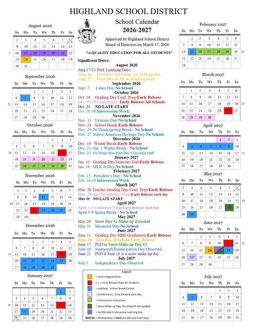 Highland School District 2026–2027 Academic Calendar