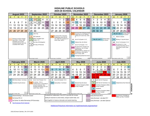 Highline Public Schools 2025–2026 Academic Calendar Page 1