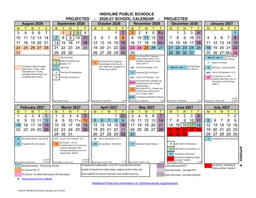 Highline Public Schools 2025–2026 Academic Calendar Page 2