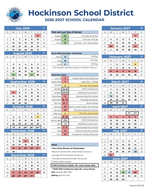 Hockinson School District 2026–2027 Academic Calendar