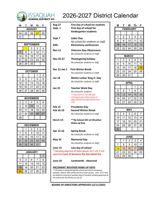 Issaquah School District 411 2026–2027 Academic Calendar