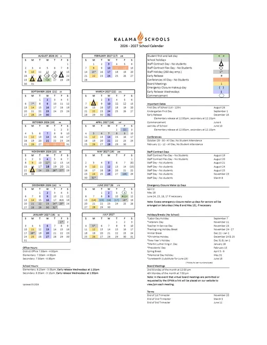 Kalama Schools 2026–2027 Academic Calendar