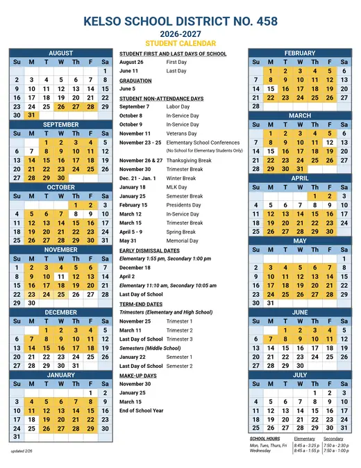 Kelso School District No. 458 2026–2027 Academic Calendar Page 1