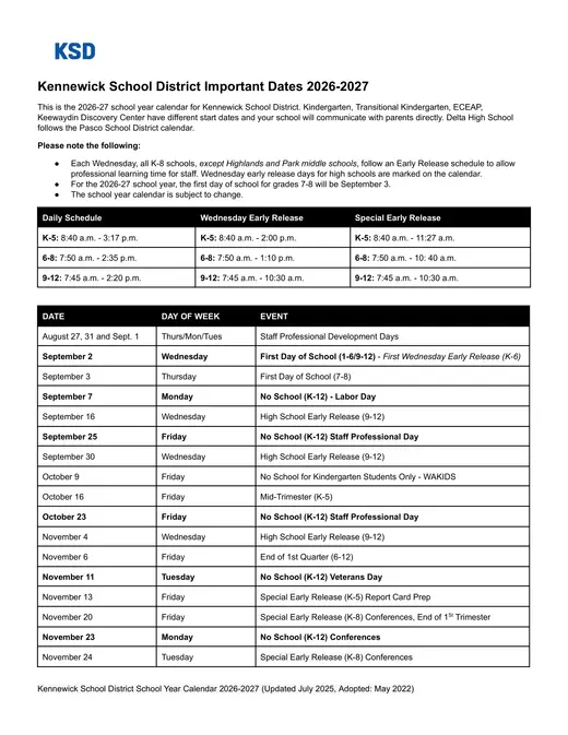 Kennewick School District 2026–2027 Academic Calendar Page 1